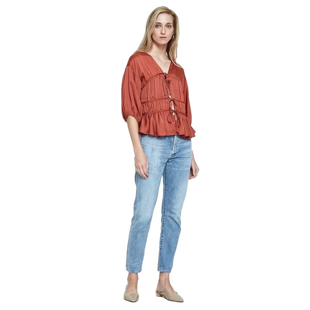 Brick red ruched tie up vintage vibe blouse top